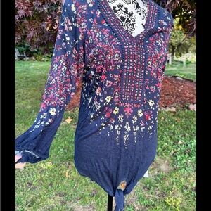 Democracy Navy Top with Floral Red and Yellow Design